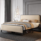 SHA CERLIN Full Size Metal Bed Frame with Upholstered Headboard, Beige