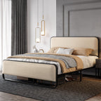 SHA CERLIN Queen Size Metal Bed Frame with Upholstered Headboard, Beige