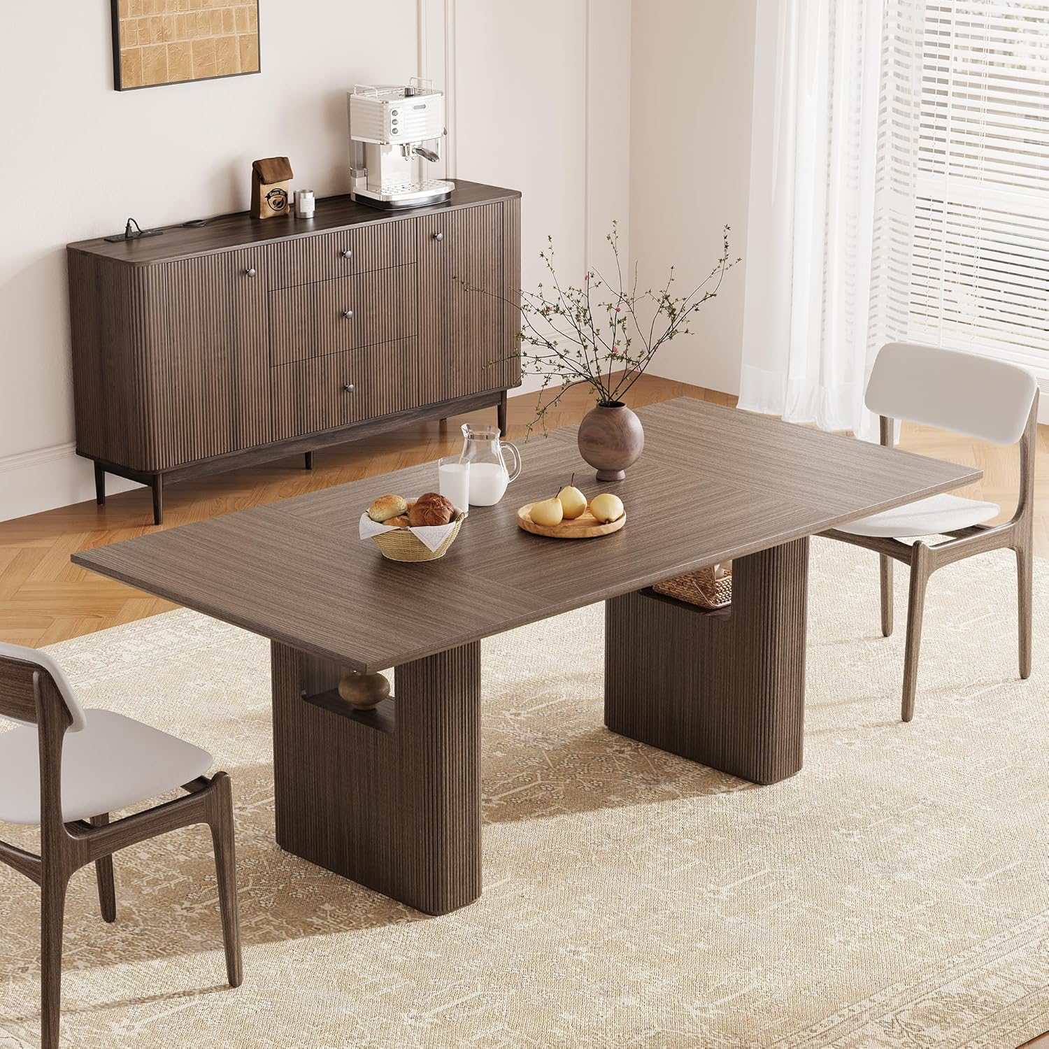 78.5 Inch Dining Table for 4-10 People, Long Large Kitchen Table with Wood Strip Base, Rectangular Kitchen Table, Modern Farmhouse Rectangle Kitchen Dinner Tables for Dining Room Kitchen Living Room