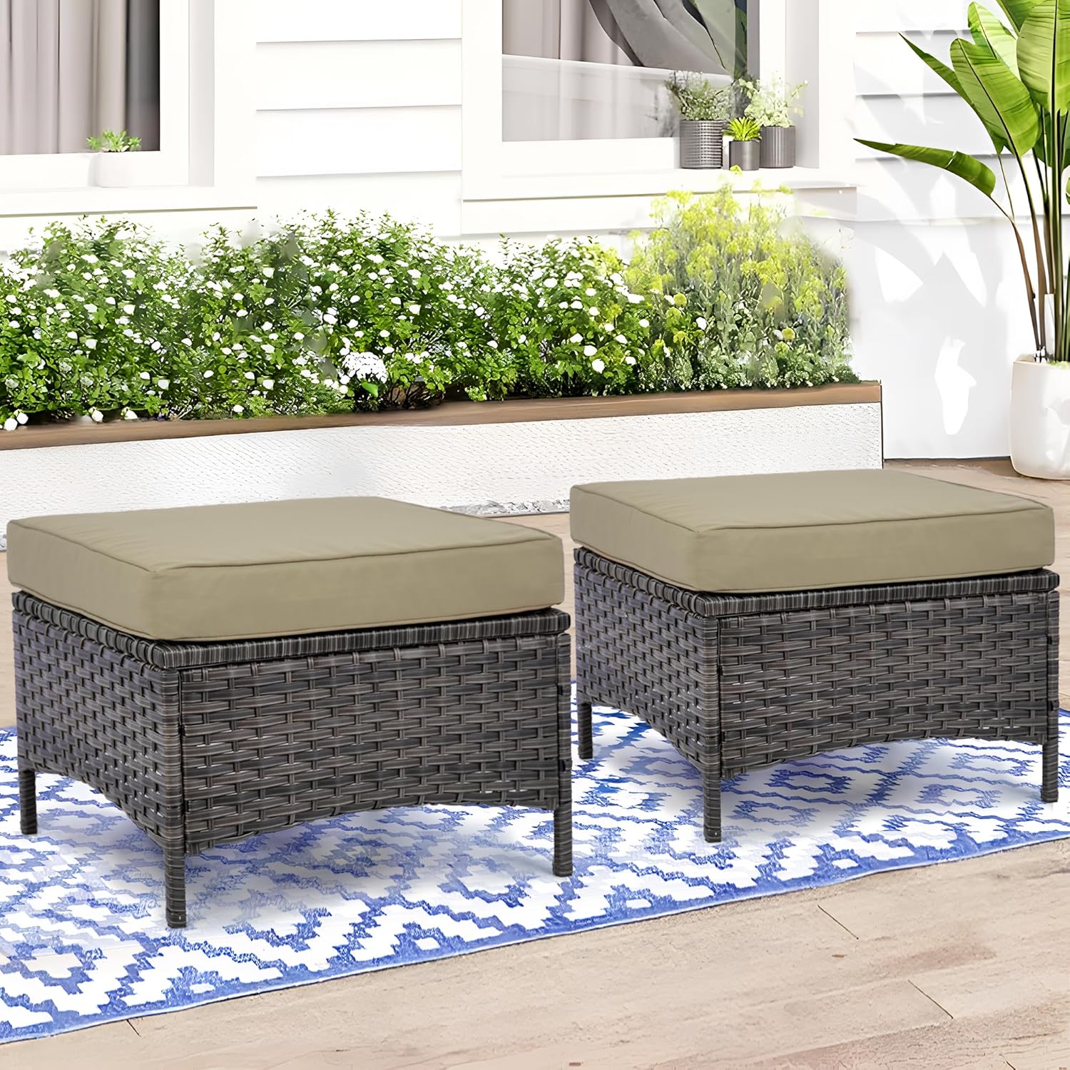 Set of 2 Outdoor Patio Ottomans, All-Weather PE Rattan Wicker Furniture for Backyard Porch Deck Poolside, Sturdy Steel Frame, Khaki