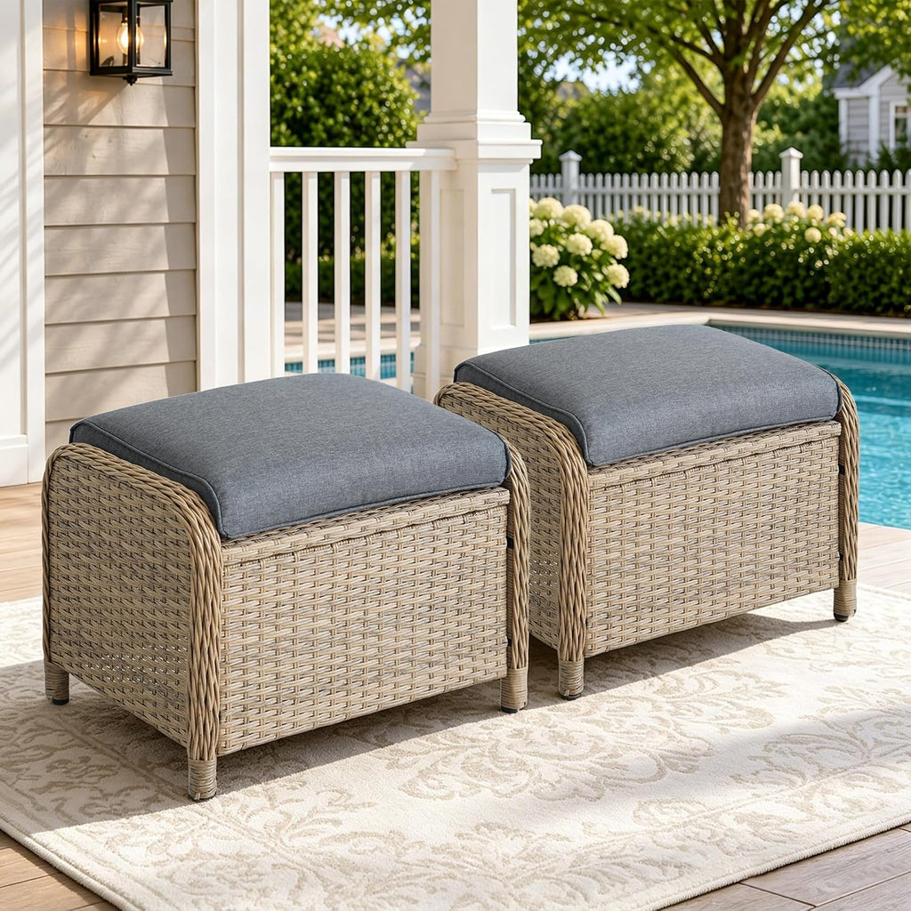 Patio Ottomans Set of 2 with 3.6" Thick Cushions, Wicker Outdoor Couch Extension Set, Wicker Footstool All-Weather Rattan Seating Accessory for Backyard Furniture