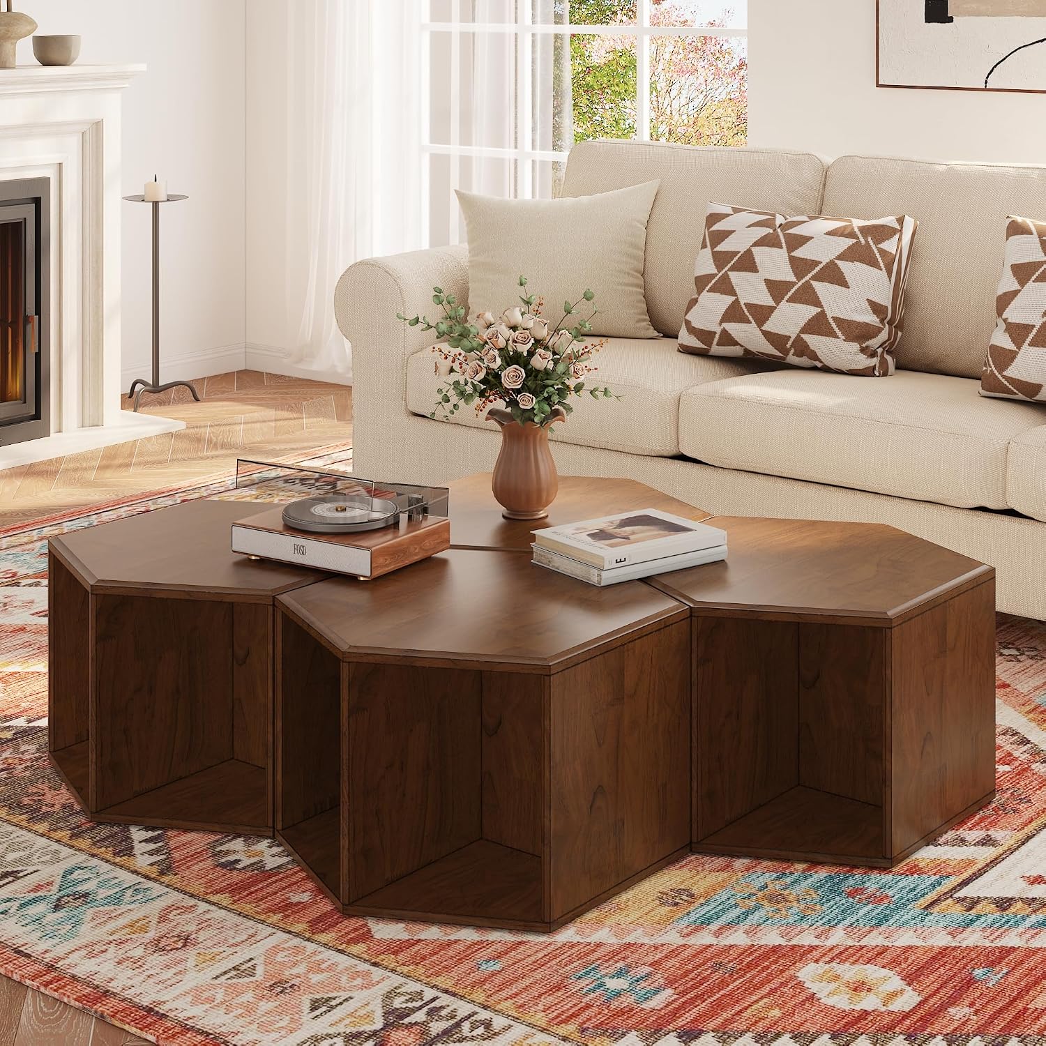 PADMA HOUSE Solid Wood Small End Table, Fully Assembled Hexagon Sofa Side Table with Ample Storage Space, Pre-Assembled Nightstand Slim Bedside Table for Small Spaces