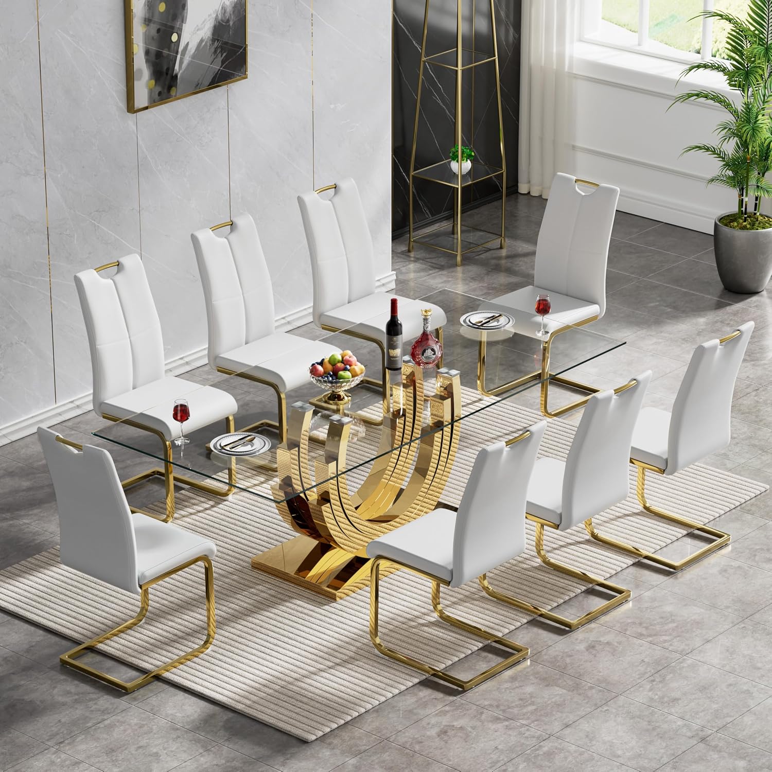 HomVent 70'' Rectangular Glass Dining Table Set Glass Dining Room Table Set for Kitchen, Kitchen Table and Chairs for 8 Table with Chairs Home Furniture