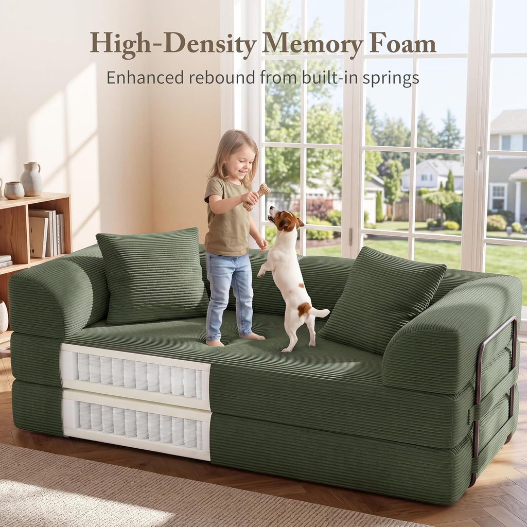 Cloud Couch Futon Sofa Bed, 5-in-1 Convertible Sofa Bed Pull Out Couch Sleeper Sofa Compressed Loveseat, 70" High-Density Sponge & Corduroy Fabric Futon Daybed for Living Room Bedroom(Green)
