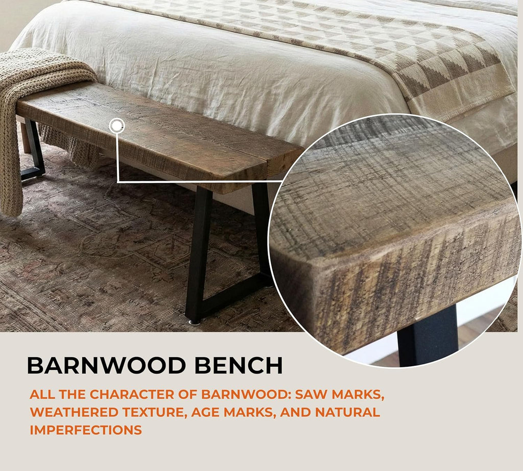 Rustic Revival Reclaimed Barnwood Bench, Solid Wood with Metal Base, Modern Farmhouse Style, 2-Inch Thick Top, for Entryway, Bedroom, Living Room (30x12)