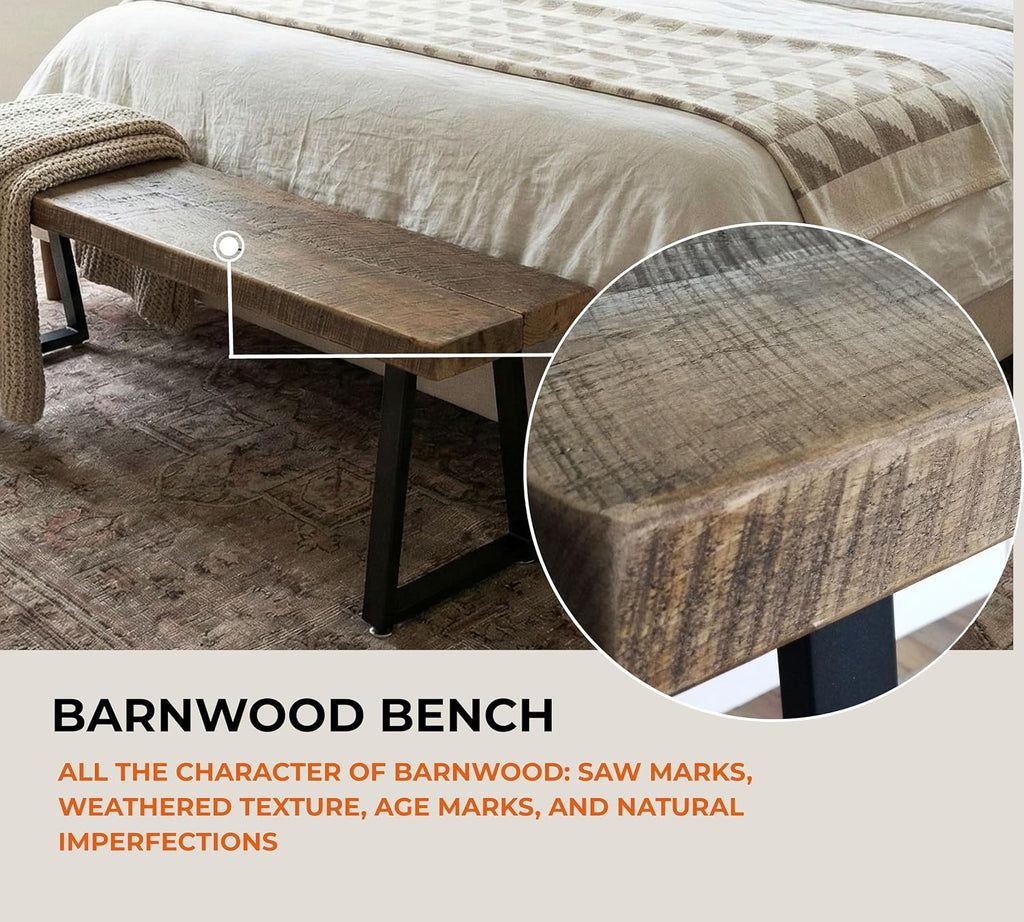 Rustic Revival Reclaimed Barnwood Bench, Solid Wood with Metal Base, Modern Farmhouse Style, 2-Inch Thick Top, for Entryway, Bedroom, Living Room (48x12)