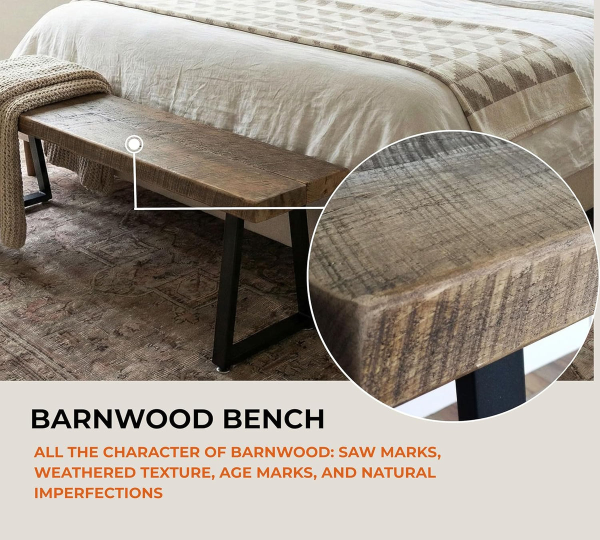 Rustic Revival Reclaimed Barnwood Bench, Solid Wood with Metal Base, Modern Farmhouse Style, 2-Inch Thick Top, for Entryway, Bedroom, Living Room (48x12)