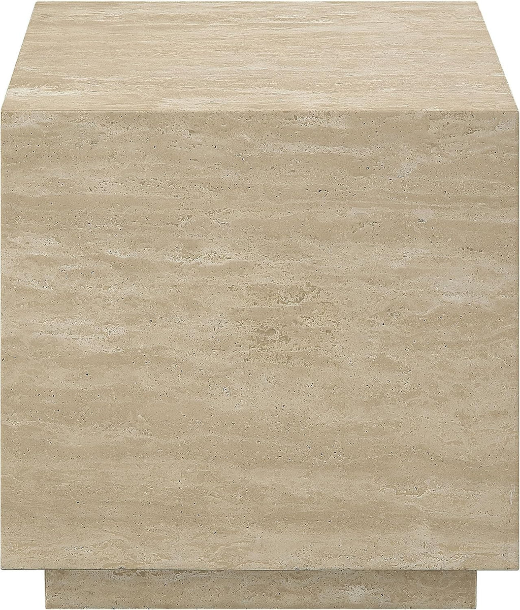 Acme Deon Contemporary Plywood and Travertine Square End Table in Natural Beige