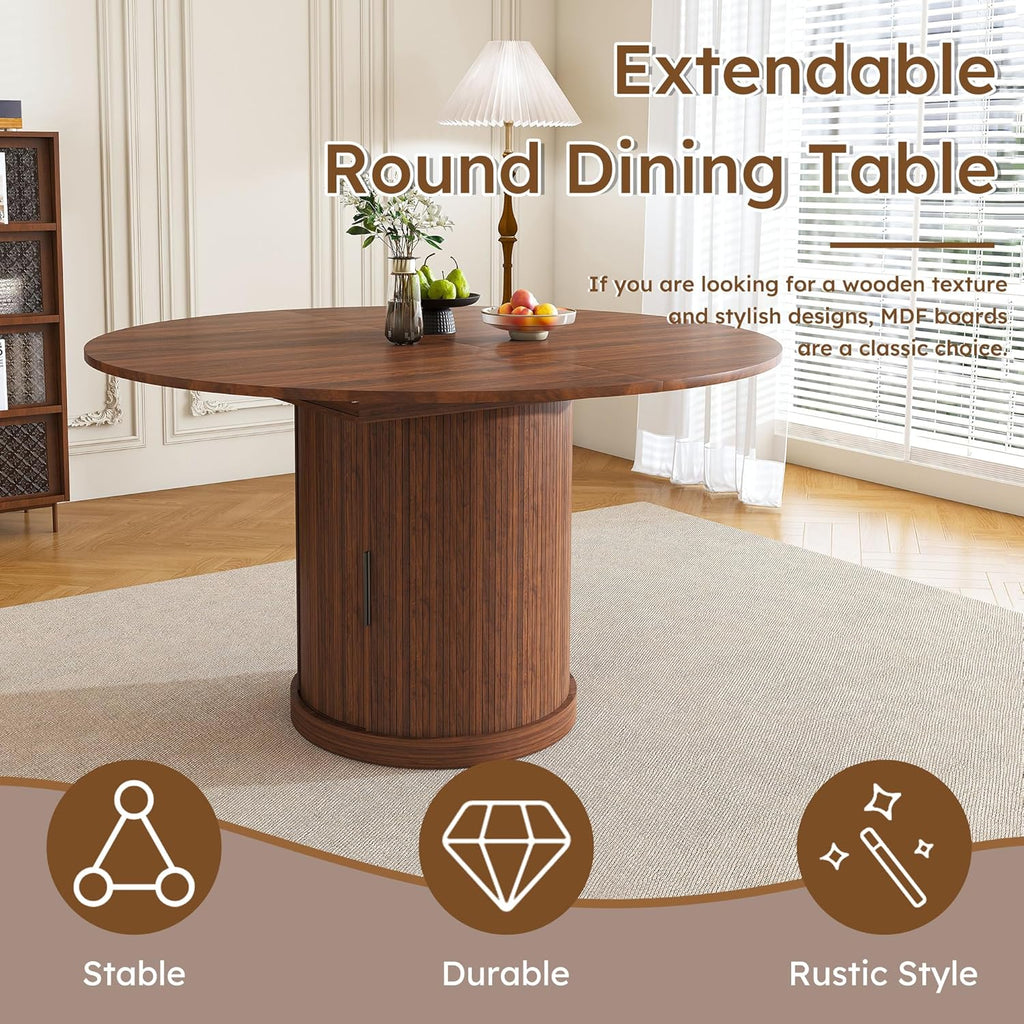Round Extendable Dining Room Table for 4 6, 47"-59" Oval Expandable Kitchen Table w/Storage Shelf and Drawer, Farmhouse Walnut Space Saving Wood Dinner Tables with Fluted Pedestal Base