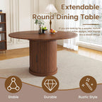 Round Extendable Dining Room Table for 4 6, 47"-59" Oval Expandable Kitchen Table w/Storage Shelf and Drawer, Farmhouse Walnut Space Saving Wood Dinner Tables with Fluted Pedestal Base