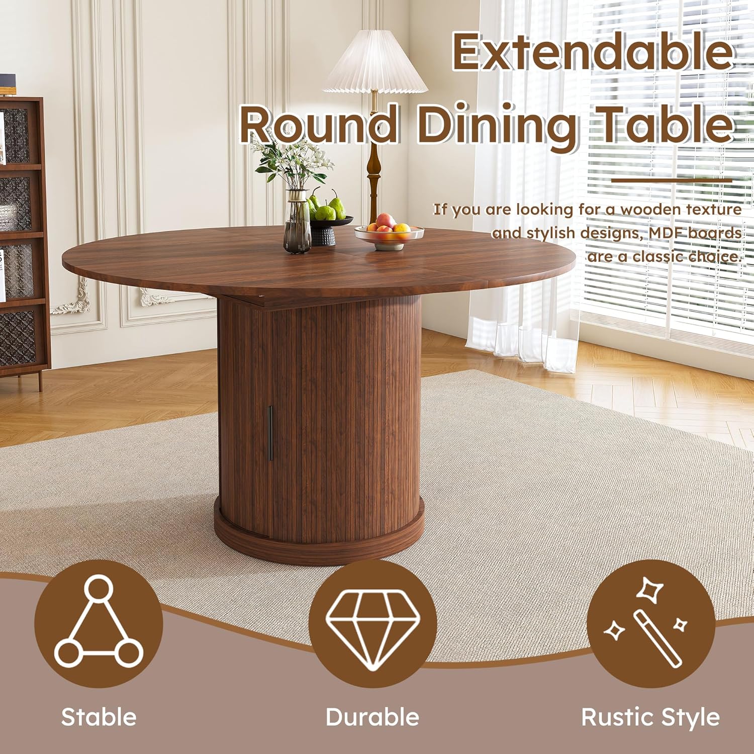 Round Extendable Dining Room Table for 4 6, 47"-59" Oval Expandable Kitchen Table w/Storage Shelf and Drawer, Farmhouse Walnut Space Saving Wood Dinner Tables with Fluted Pedestal Base
