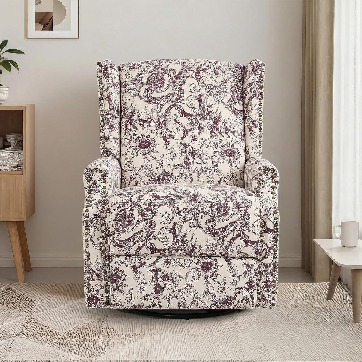 Swivel Rocker Recliner Chair, 360° Swivel Wingback Recliner Chairs for Adults, Upholstered Glider Rocking Chair with High Back, Deep Seat for Living Romm Bedroom, Rococo Plum