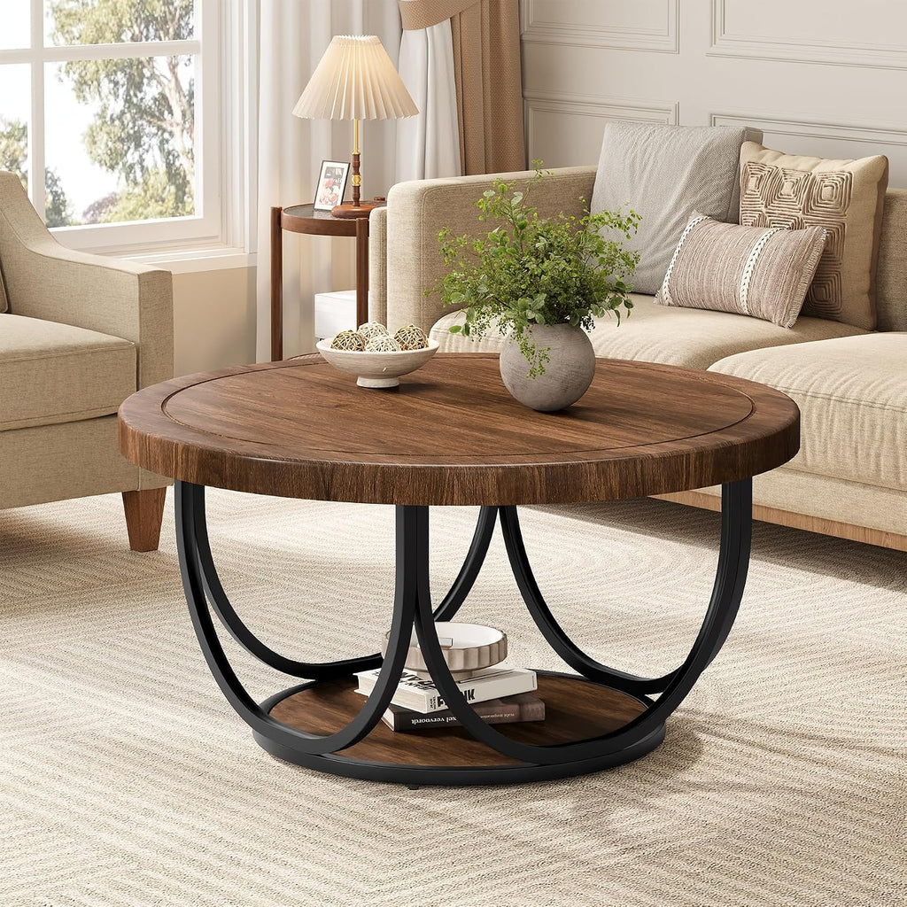 Tribesigns Round Coffee Table with 2 Tiers, 31.5" Wooden Circle Accent Cocktail Table with Storage Shelf and Metal Frame, Industrial Center Tables for Living Room, Brown & Black