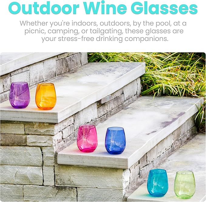 Unbreakable Stemless Glasses – Colored Wine Glasses Set of 6 Plastic Drinking glasses Wine, Water – Acrylic Plastic Gifts for Birthday Women Party, Stylish Glasses for Parties & Everyday (Jewel)