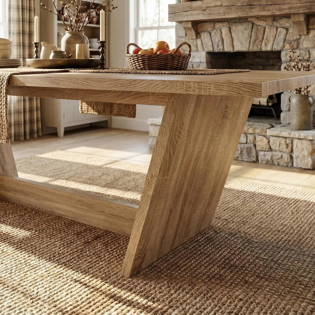 WOODTIME 81.5" W Dining Table with V-Shaped Base for 8-10 People, Modern Wooden Dinner Table for Dining Room Kitchen, Oak