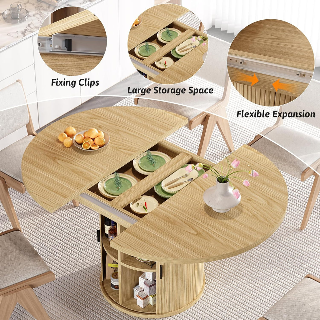 Vipbear Extendable Dining Table 43-59" for 4-6 People, Solid Wood Top with Fluted Slide Door & 8-Compartment Storage, Space Saving Round Dining Room Kitchen Dinner Tables Furniture with Pedestal Base