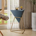 COZAYH Modern Geometric End Table with Wooden Top and Golden Metal Base, Unique Pyramid Side Table Plant Stand for Office, Living Room, Bedroom, Fully Assembled, Triangle, Blue