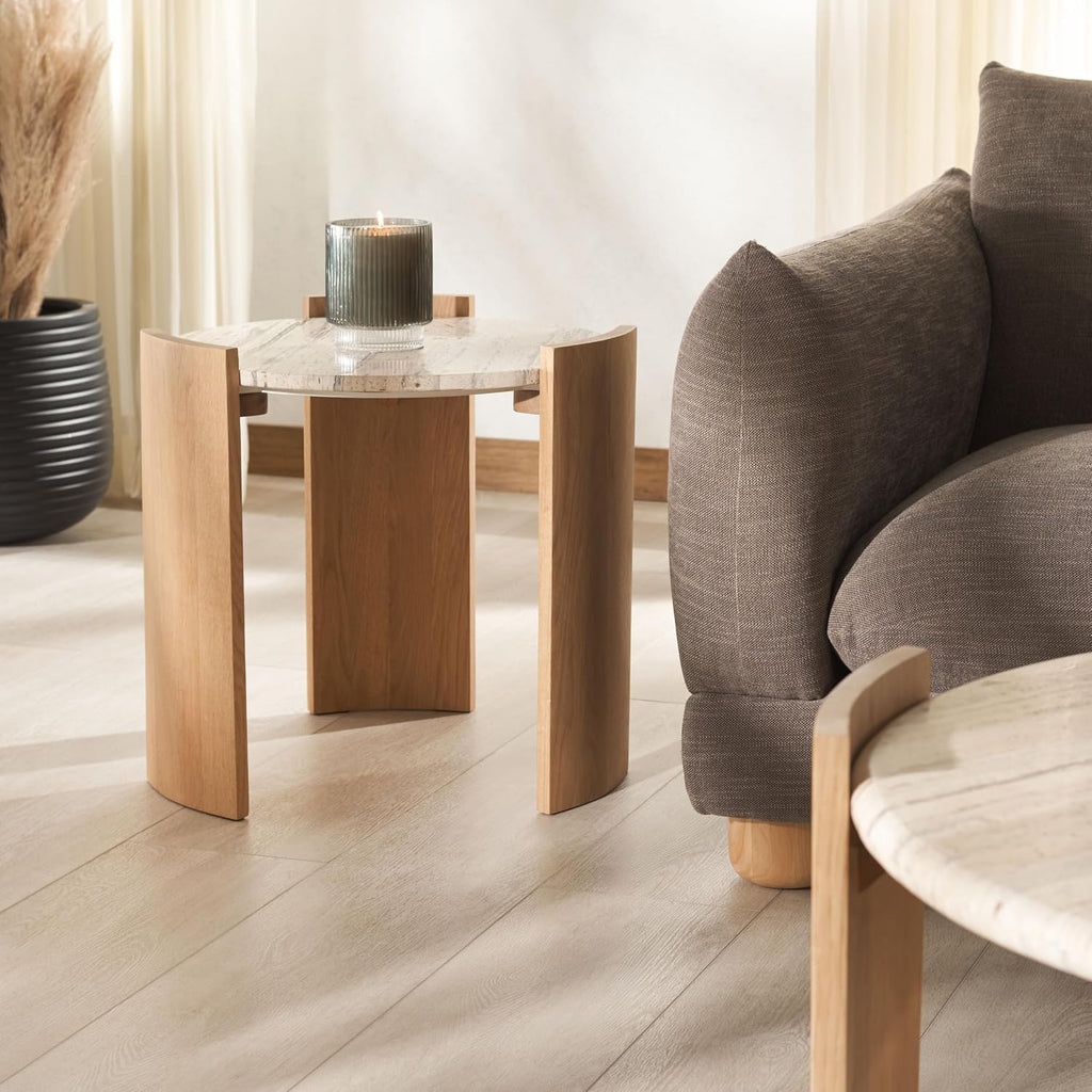 SAFAVIEH Couture Collection - Damarcus Travertine & Solid Wood Accent Table, Round Top, Classic Sculptural Design (SFV9705A)