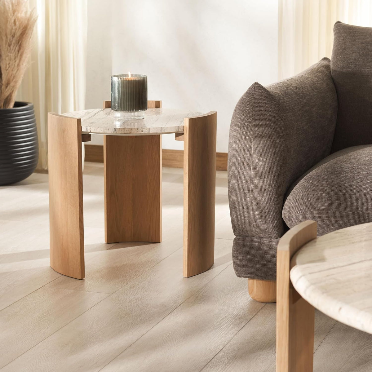 SAFAVIEH Couture Collection - Damarcus Travertine & Solid Wood Accent Table, Round Top, Classic Sculptural Design (SFV9705A)
