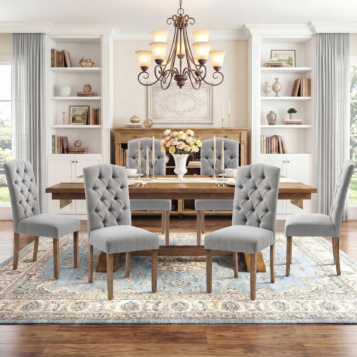 Tufted Upholstered Parsons Dining Chair Set Fabric Diner Accent Stylish Modern Kitchen Living Room with Button Sturdy Solid Wood Legs, 6-Pack