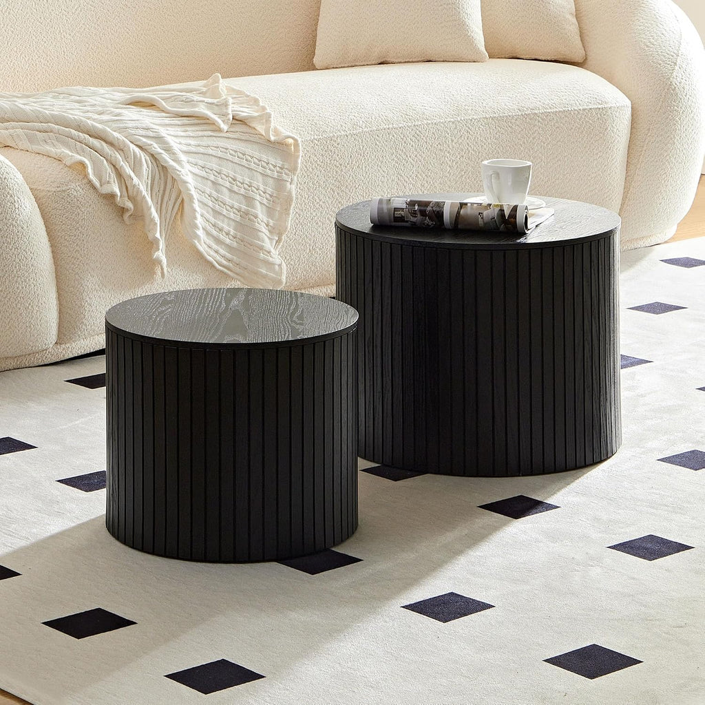 Round Nesting Coffee Table Set of 2, Wood Side Tables with Storage | Fluted Walnut Accent and End Tables Sets, Mid Century Modern, Living room, bedroom, office, small spaces, Black