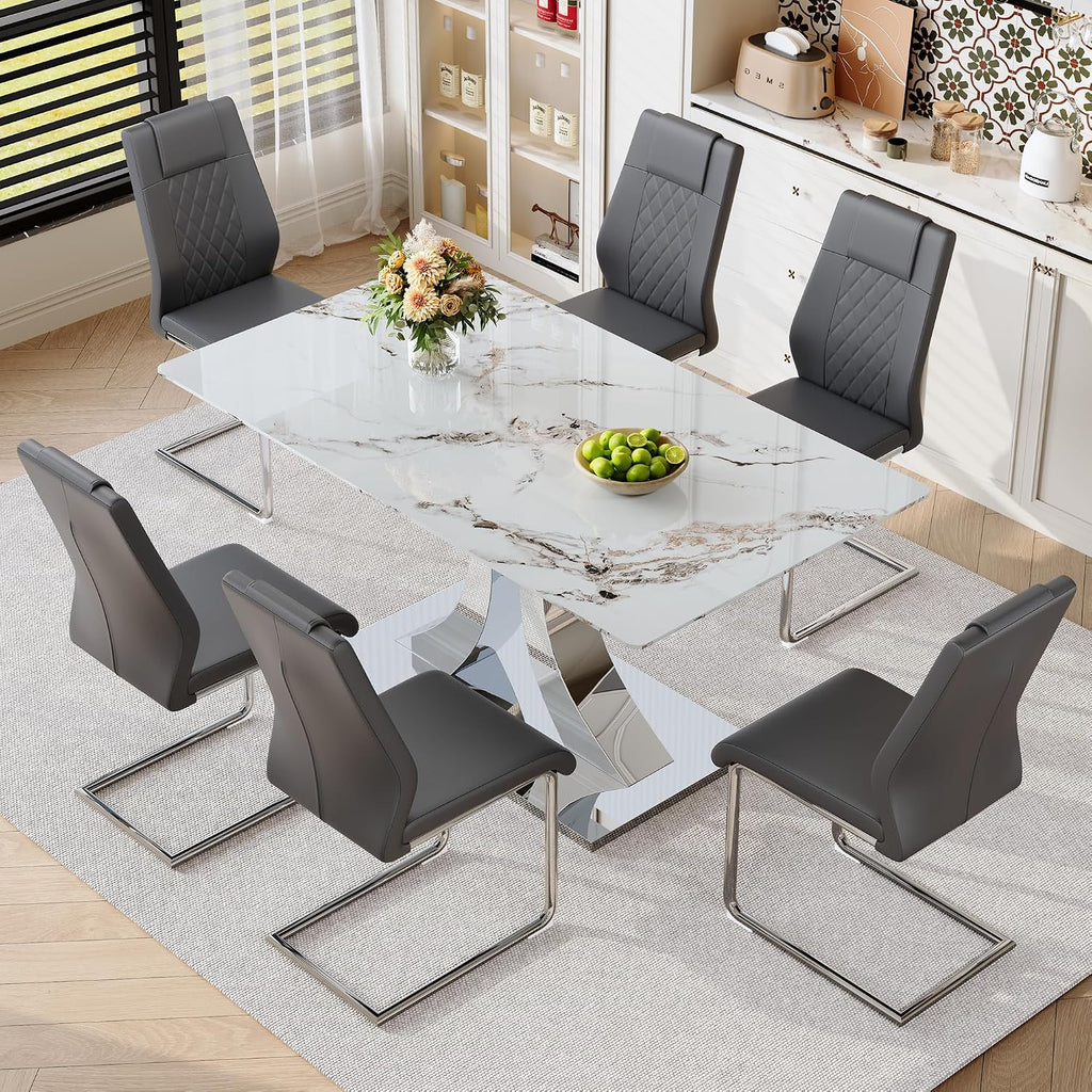 Modern Dining Table Set for 6, 63 Inch White Faux Marble Dining Room Table with Silver Leg, Rectangular Kitchen Table with 6 Grey Chairs for Kitchen Apartment Restaurant