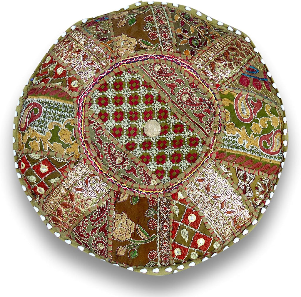 Sophia Art Indian Pouf Stool Vintage Patchwork Embellished with Patchwork Living Room Ottoman Cover, 18 X 13 Inches(Mhendhi Green)