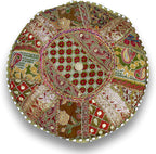 Sophia Art Indian Pouf Stool Vintage Patchwork Embellished with Patchwork Living Room Ottoman Cover, 18 X 13 Inches(Mhendhi Green)