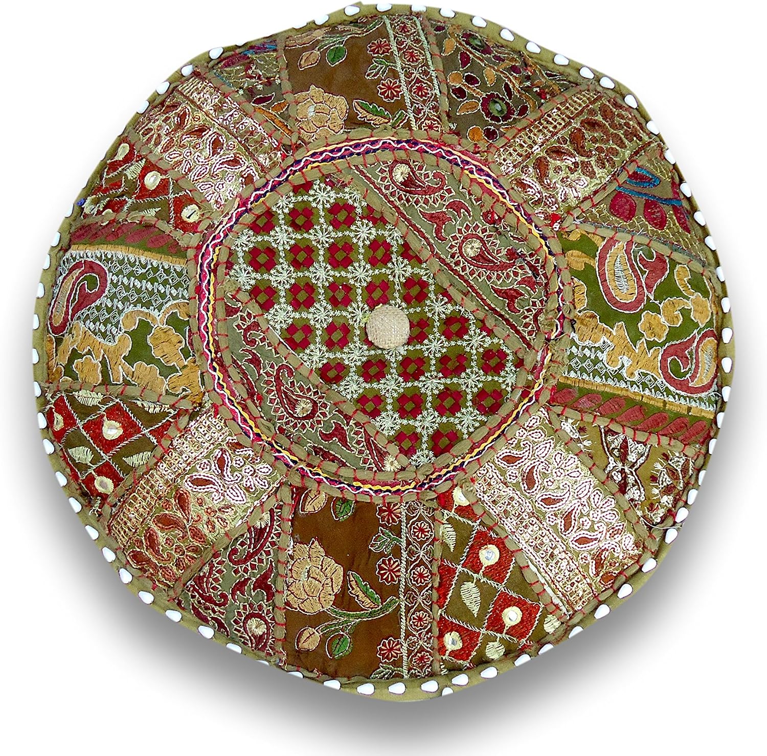Sophia Art Indian Pouf Stool Vintage Patchwork Embellished with Patchwork Living Room Ottoman Cover, 18 X 13 Inches(Mhendhi Green)