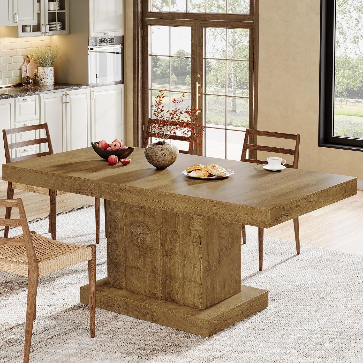 Tribesigns 63'' Dining Table for 4-6, Farmhouse Wooden Rectangular Dinner Table with Geometric Relief, Pedestal Base (Natural Brown)