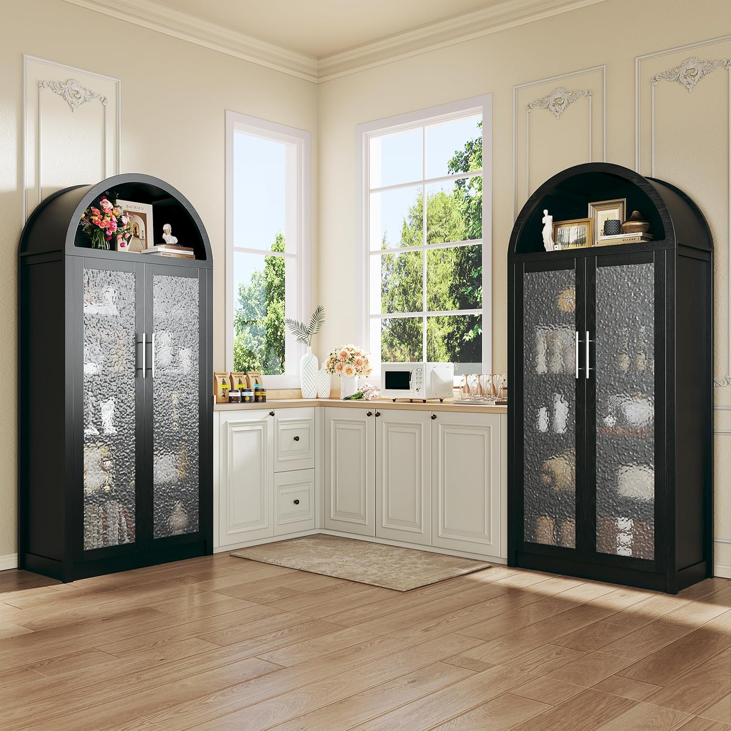 HUAHUU Arched Kitchen Pantry Cabinet, 71" Tall Pantry Storage Cabinet with 2 Doors, 5 Shelves, Arched Top, Modern Freestanding Cupboard for Kitchen Dining Room, Bedroom, Black