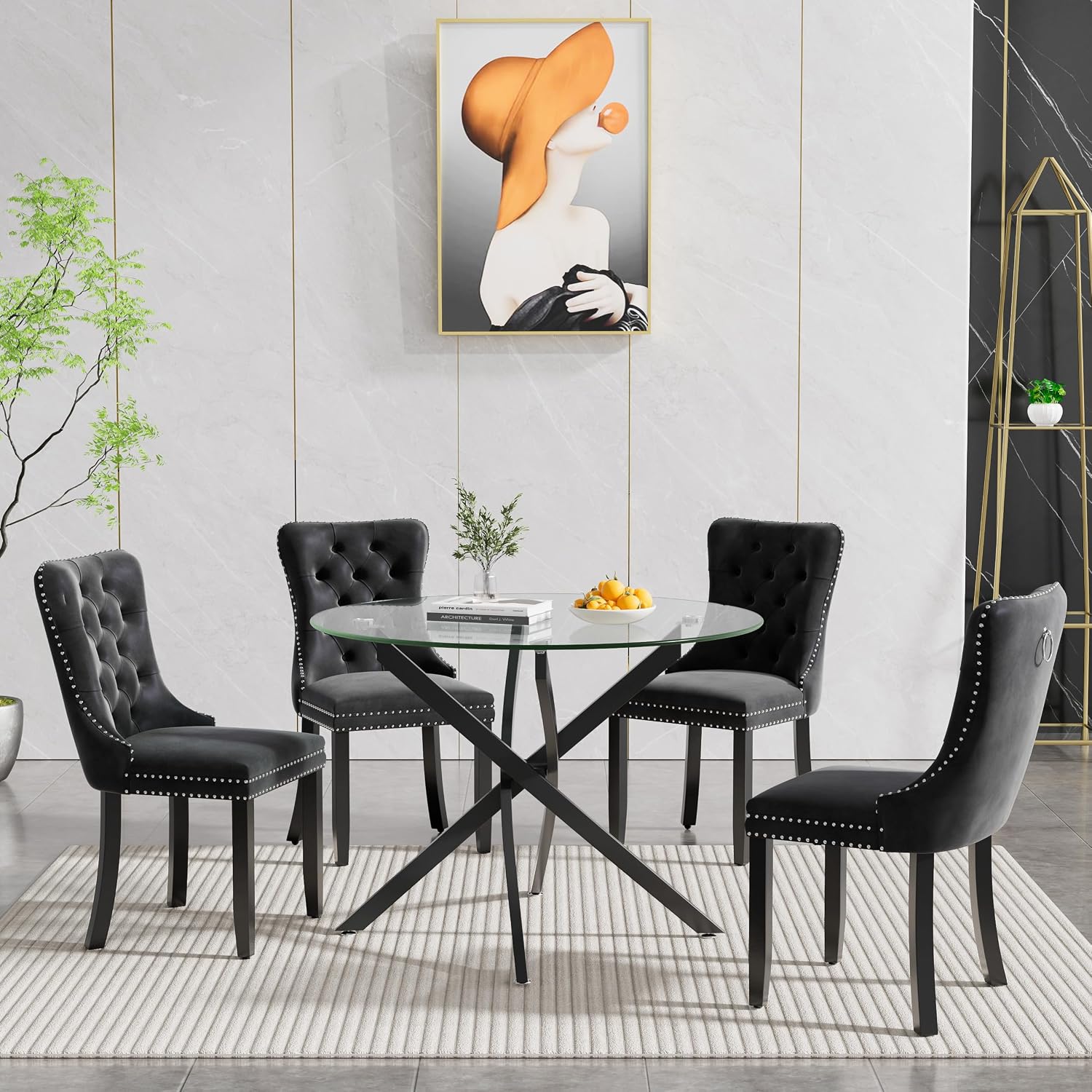 SSLine Modern 5-Piece Round Glass Dining Table Set for 4, Luxury 36" Circle Clear Glass Top Dining Room Table with 4 Clear Tufted Chairs for Kitchen Home Office