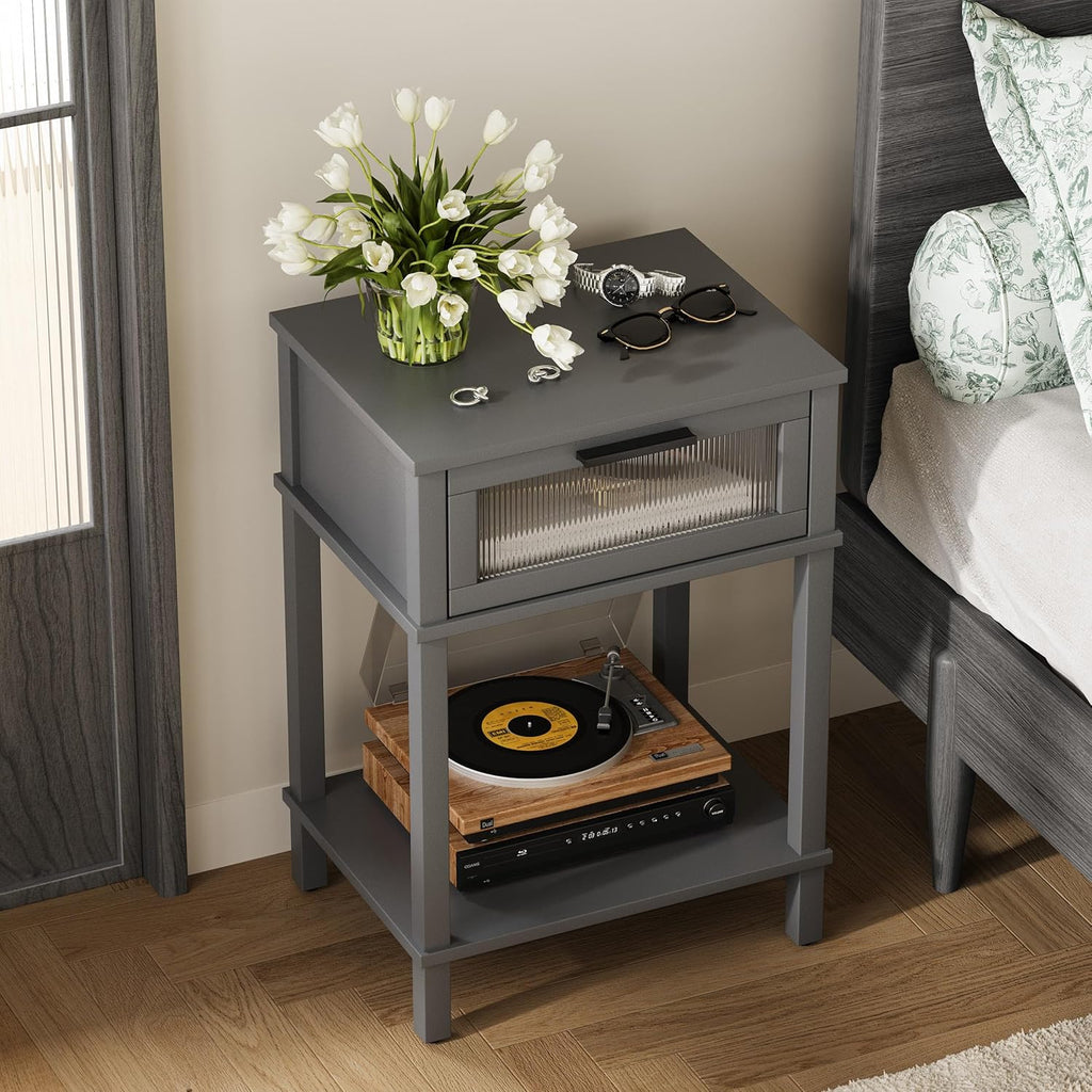 Nightstand Wooden Bedside Table with Drawer Grey Night Stands Modern Style Small End Table Side Table with Storage Shelf for Bedroom Living Room MLBZ10G