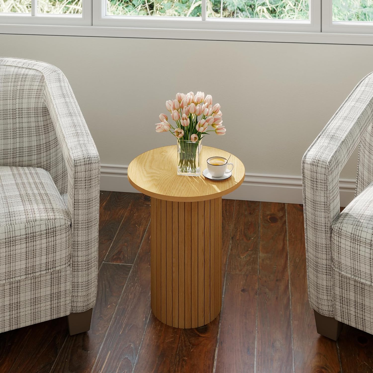 Small Round Side Table, Fluted Drum Pedestal End Table, Wood Plant Stand for Small Spaces, Modern Home, Bedroom, and Living Room Desk Furniture, Nature