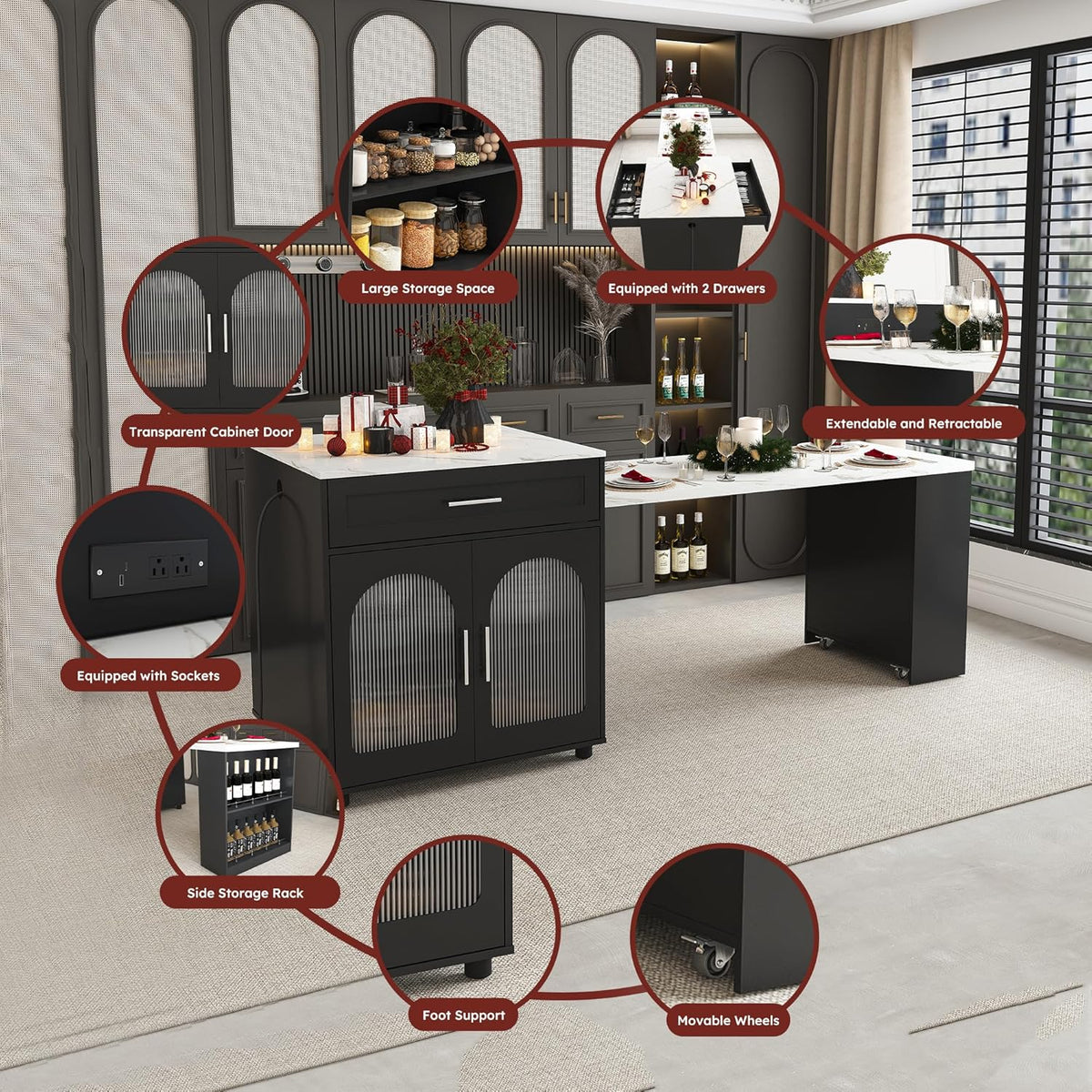 80-inch Expandable Kitchen Island with Dining Table, Marble-Grain Countertop with Power Outlet, Mobile Storage Cart with Cabinet & 2 Drawers, Kitchen Prep Table(Black, 80.7)