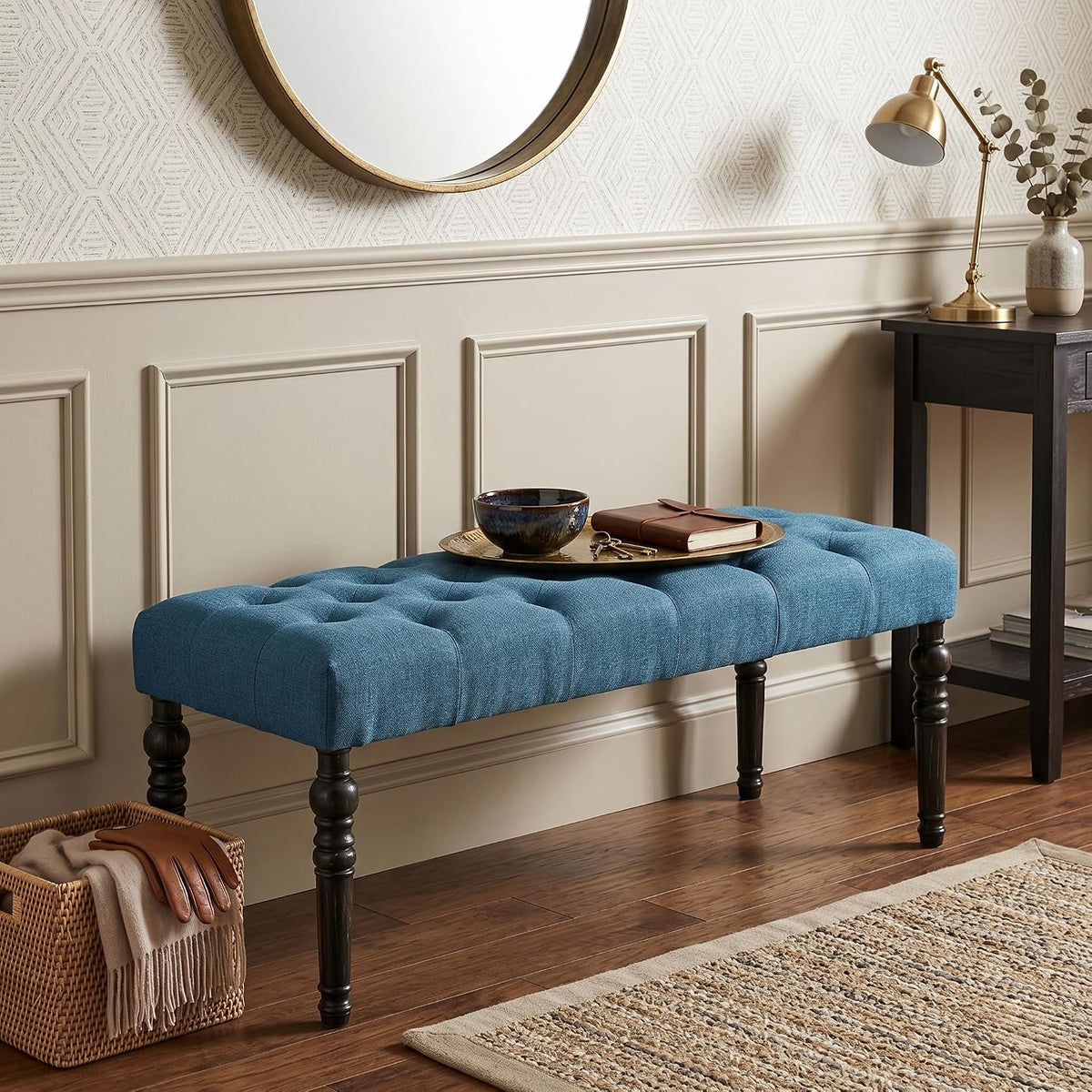 Roundhill Furniture Leviton Fabric Tufted Turned Leg Dining Bench, Blue