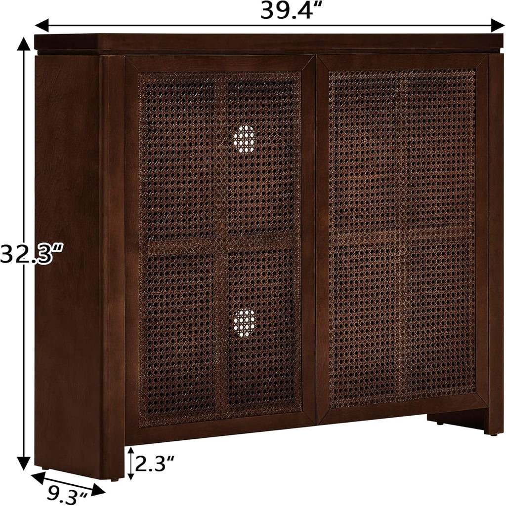 LKTART Small Sideboard Buffet Cabinet,Narrow Kitchen Storage Cabinet with 2 Rattan Doors,Mid Century Modern Thin Console Table for Living Room,Entryway(39.4" Walnut)