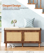 Akxomel Rattan Shoe Storage Bench with Cushion, 2-Tier Entryway Bench with Adjustable Shelves and 2 Doors, 15" D x 39.4" W x 20" H, Solid Wood Legs, for Hallway, Living Room, Bedroom, Walnut