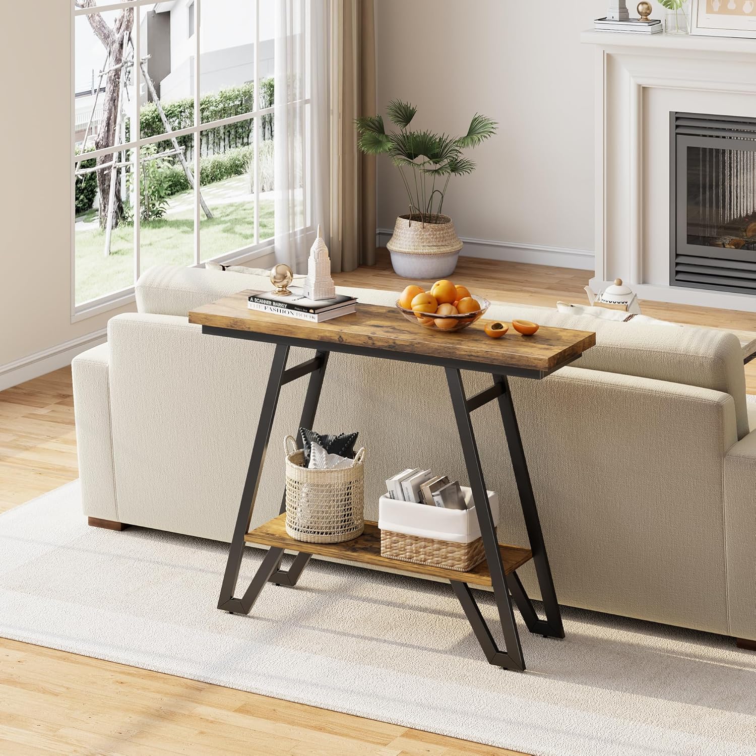 Console Table for Entryway, Space Saving Small Entryway Table with Open Shelves, Narrow Sofa Table Behind Couch for Living Room, Hallway, Easy Assembly, Wooden Top, Rustic Brown