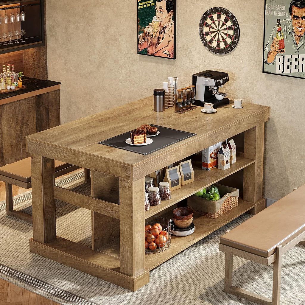 Tribesigns 55" Kitchen Island with Seating and Storage, 3-Tier, Farmhouse | Wood Stationary Island Table with Large Worktop & Legroom, Sturdy Coffee Bar Table with Storage Shelf for Kitchen, Brown