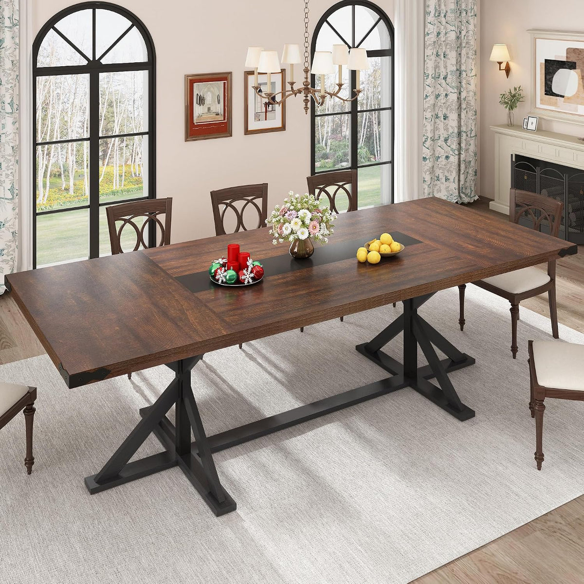 Hlivelood Dining Table for 8 10 People,Rectangular Kitchen Farmhouse Table W/Waterproof Wood Tabletop,Long Dining Room Tables W/Wood Strip Base for Kitchen Living Room(94IN BR&BK)
