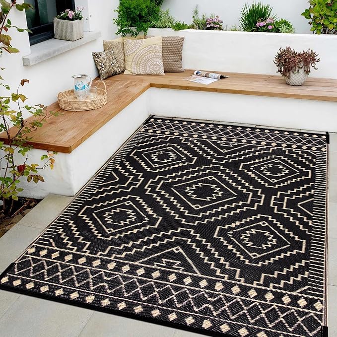 Wonnitar Outdoor Rug for Patio Clearance, 5x8 Waterproof Reversible Plastic Straw Rug, Moroccan Outside RV Area Rug for Camping, Outdoor Portable Mat for Deck Balcony Porch (Black & Beige,5'x8')