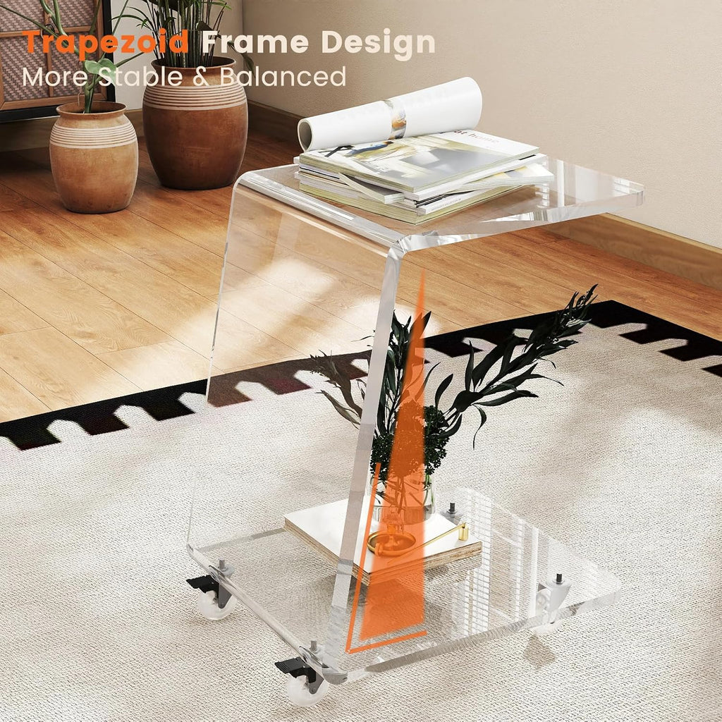 C Shaped Side Table for Sofa, Heavy Clear Acrylic Mobile End Table on Wheels, Modern Rolling Snack & Drink Use for Living Room & Bedroom, Space-Efficient Design with Sturdy Construction, 15mm Thick