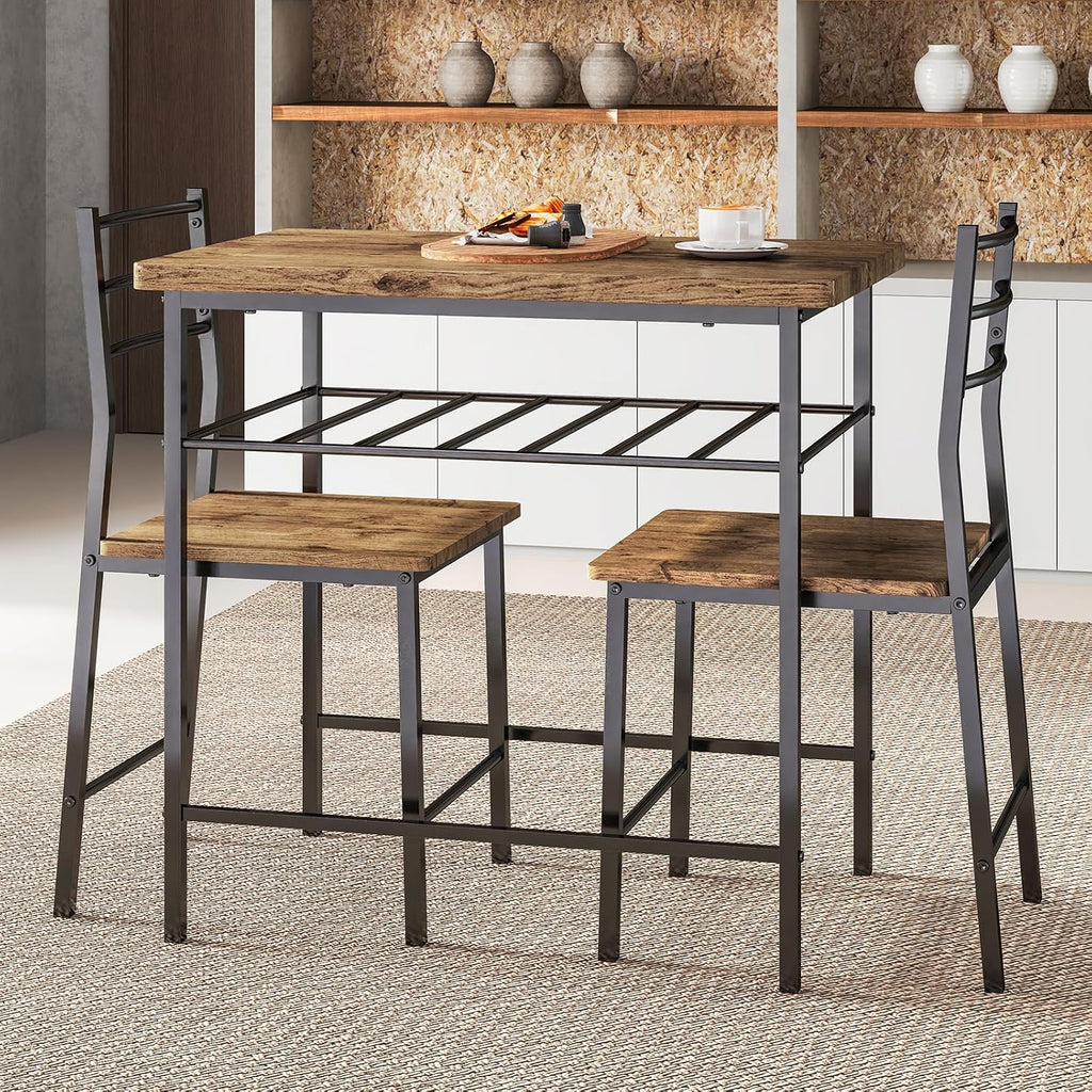 Fenbeli 3 Piece Dining Table Set - Small Kitchen Table & Chair Sets for 2, Breakfast Table Set w/Steel Frame, Built-in Storage Rack for Dining Room, Living Room, Apartment (Brown, Small)