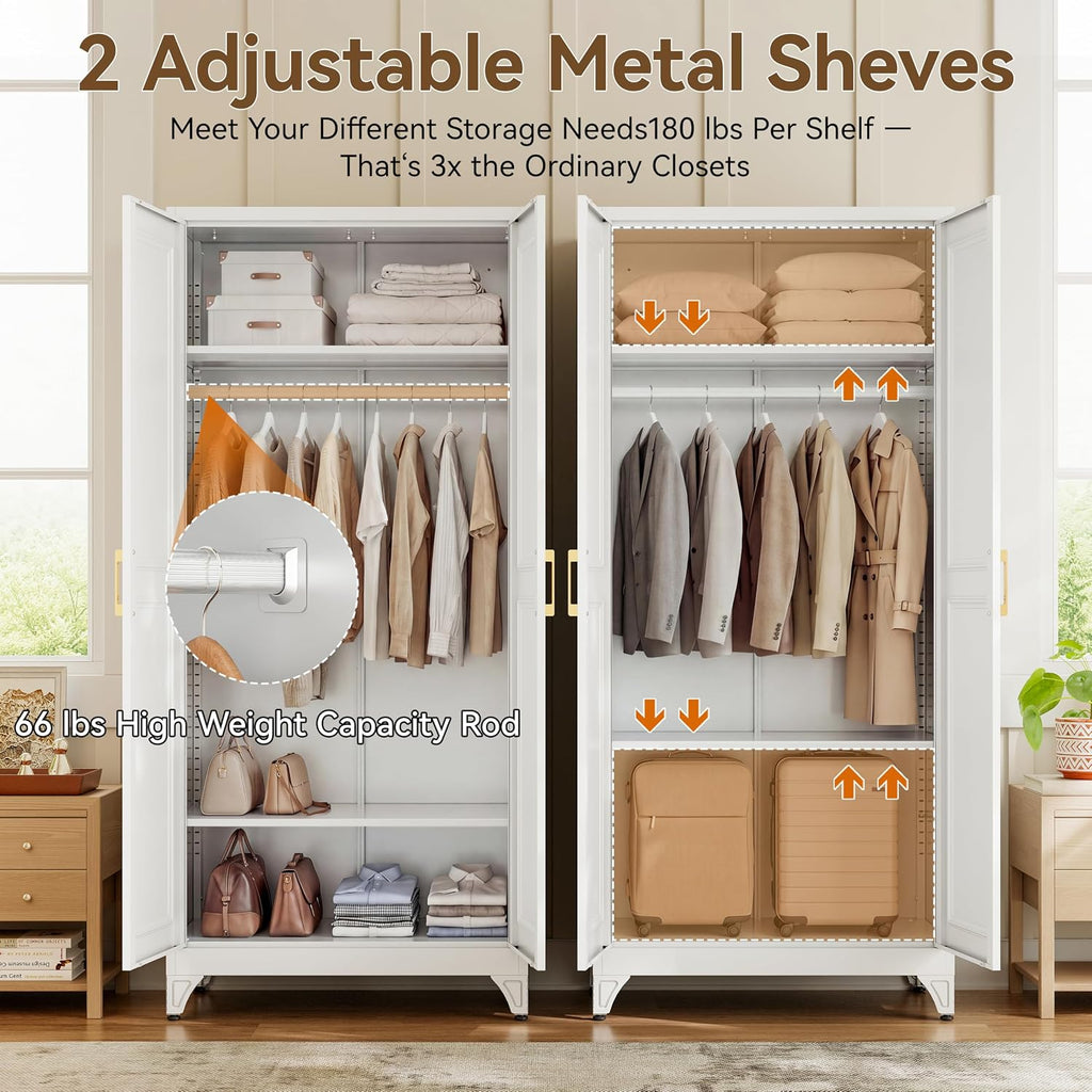 Metal Wardrobe Cabinets,Armoire Wardrobe Closet with Hanging Rod,Clothes Storage Cabinet with Adjustable Shelves and Doors,Clothing Cabinet for Bedroom,Office, Laundry Room