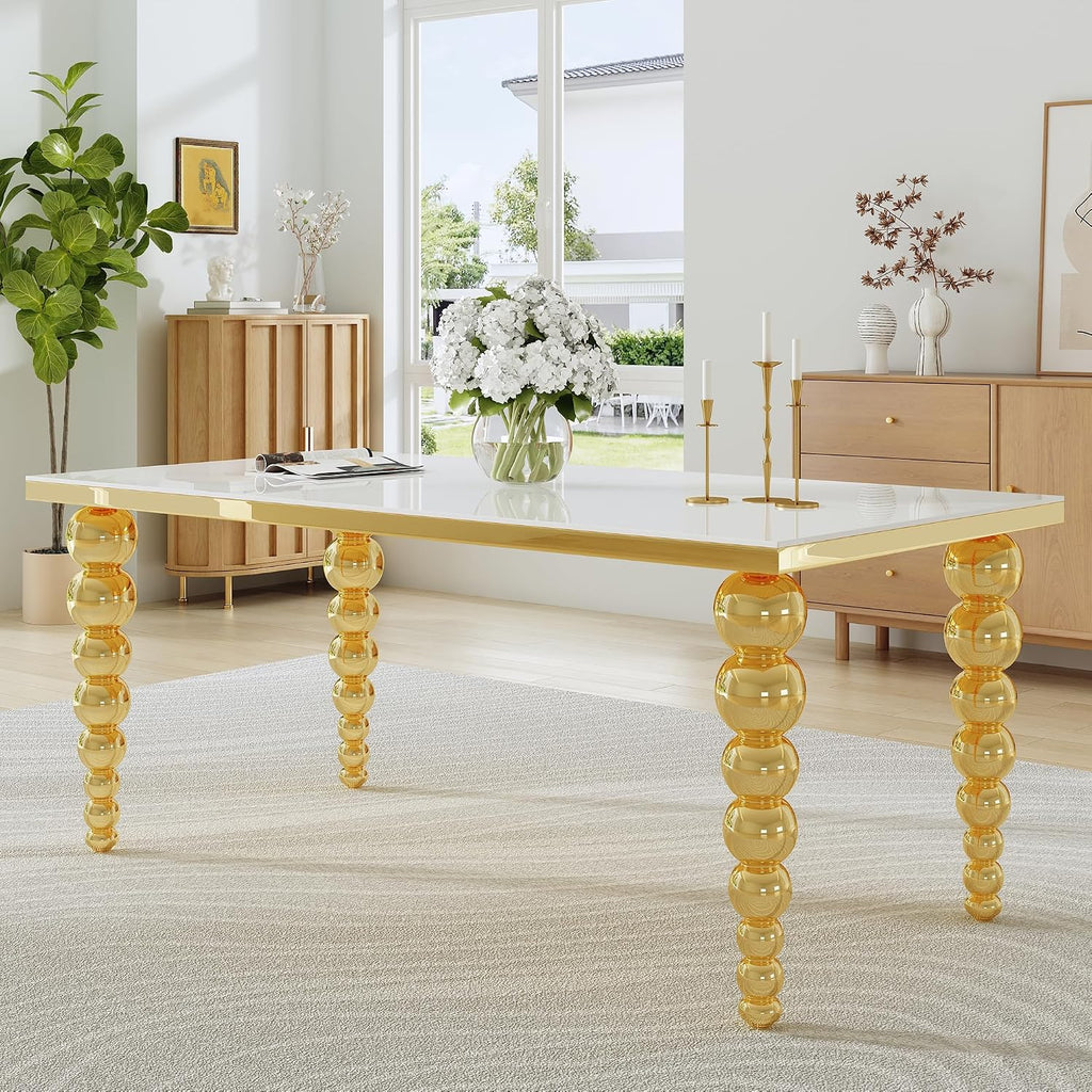70" Rectangular Glass Dining Table for 6-8, White Tempered Glass Top with Gold Mirrored Stainless Steel Sphere Legs, Modern Luxury Dining Table for Kitchen and Dining Room