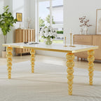 70" Rectangular Glass Dining Table for 6-8, White Tempered Glass Top with Gold Mirrored Stainless Steel Sphere Legs, Modern Luxury Dining Table for Kitchen and Dining Room