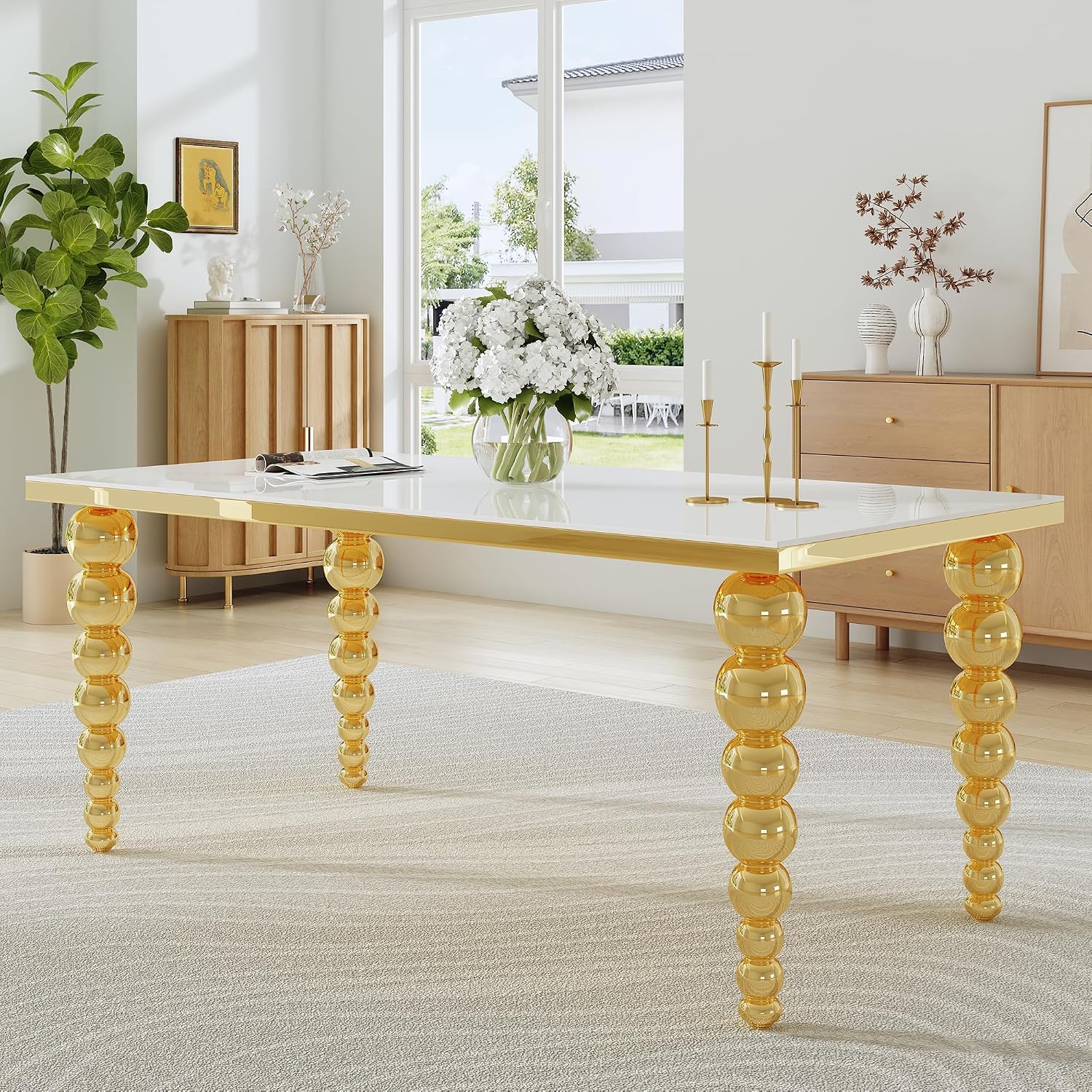 70" Rectangular Glass Dining Table for 6-8, White Tempered Glass Top with Gold Mirrored Stainless Steel Sphere Legs, Modern Luxury Dining Table for Kitchen and Dining Room