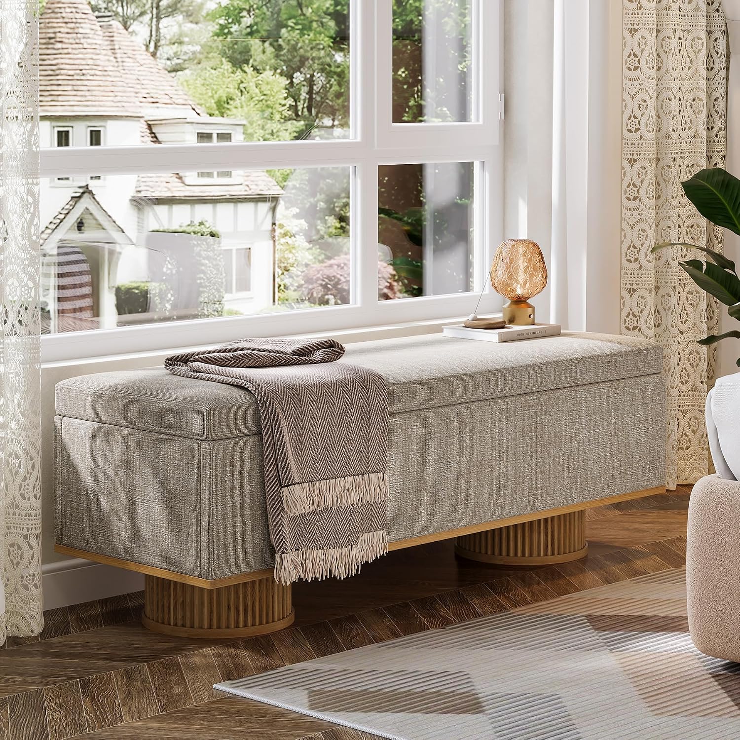 Tribesigns 50.39" Storage Bench with Padded Seat Cushion, Upholstered Shoe Bench with Flip Up Storage for Bedroom, Living Room, Entryway, Load up to 330 lb, Beige + Wood Color