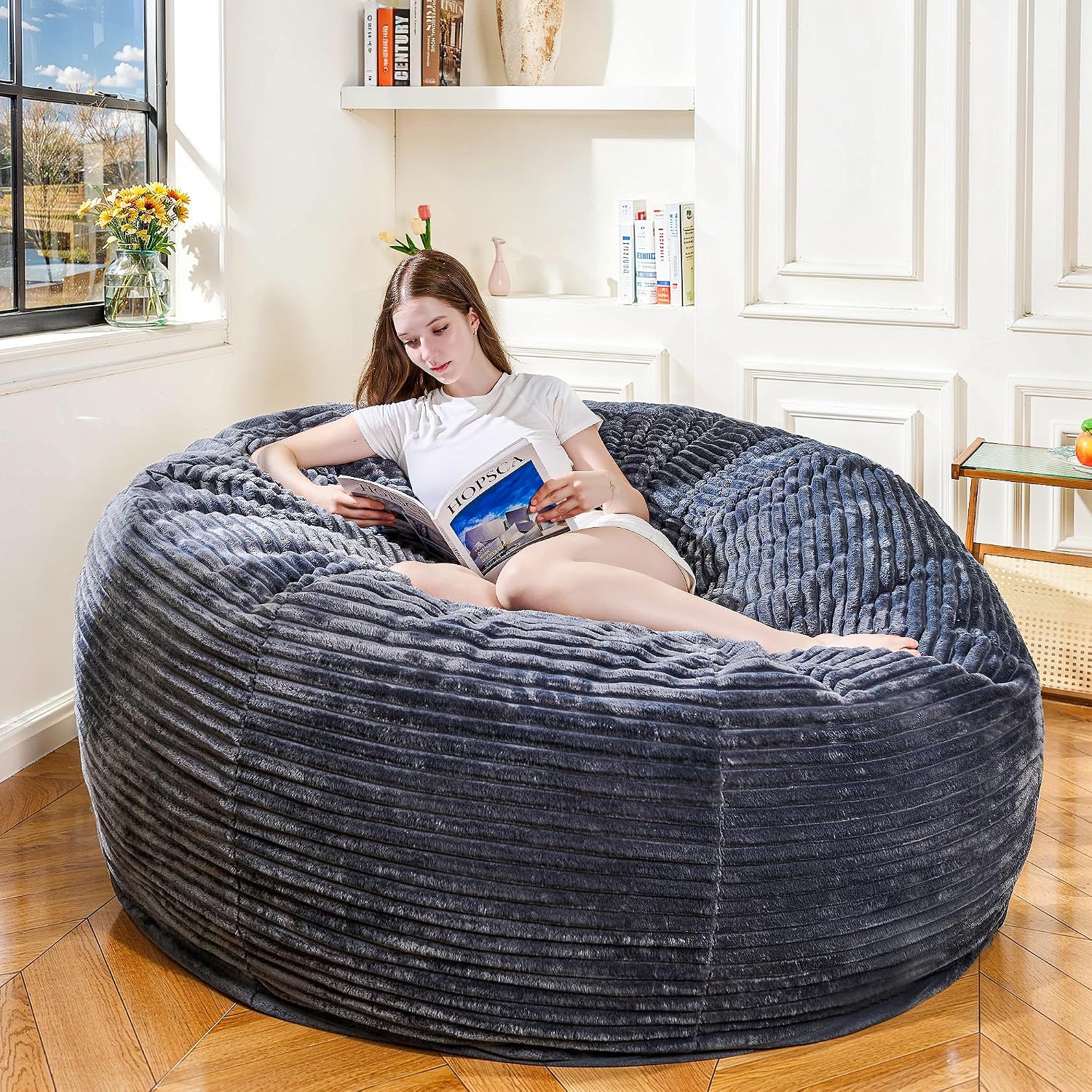 6FT Bean Bag Chair for Adults, Giant Beanbag with Shredded Memory Foam Filling, Premium Corduroy Cover Oversized Floor Lounger, Comfy Sofa Chair for Bedroom, Living Room & Dorm (Grey)